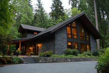 A contemporary forest house features expansive windows and a stunning stone facade, beautifully surrounded by verdant greenery, all illuminated by the warm glow of evening light