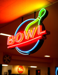 vintage neon bowl sign on bowling alley, Side lit, with white tones