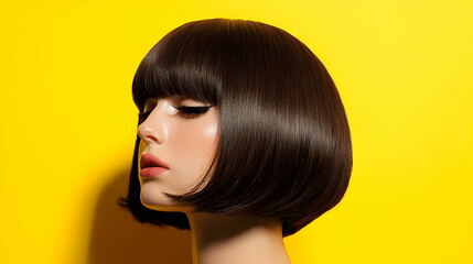 Sleek bob hairstyle presented on a yellow background, ideal for style reference and design use.