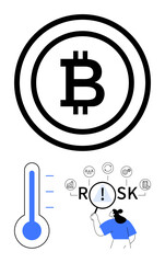 Obraz premium Bitcoin logo with layered circles, thermometer measuring levels, person examining risk icons with magnifier. Ideal for cryptocurrency security, finance studies, investment risk, market trends