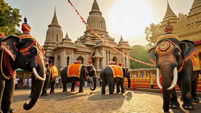 Majestic elephants parade at a festive celebration in a vibrant temple setting