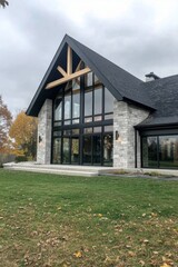 Modern architectural design of a striking house with large glass windows and stone exterior surrounded by autumn foliage in a serene landscape