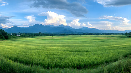 Obraz premium Lush Green Rice Paddy Field, Mountain Landscape, Rural Scene, Sunset Sky, Asian Countryside.