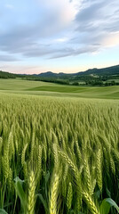 Lush green wheat field under a cloudy sky, rolling hills in background, perfect for agriculture or nature website.