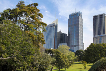 Gazebo in Sydney Royal botanic garden in front of Sydney buildings skyline in Australia