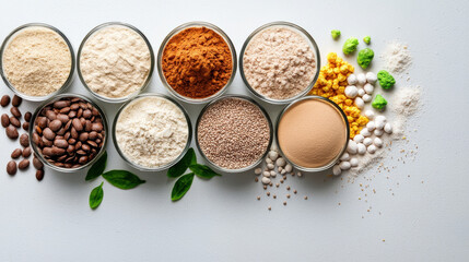 vibrant display of various spices and powders glass jars, showcasing range of colors and textures. arrangement includes coffee beans, flour, and colorful powders, creating appealing culinary scene