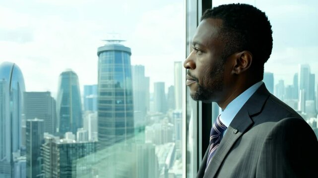 Professional man in suit gazing through a skyscraper window with a modern cityscape in daylight