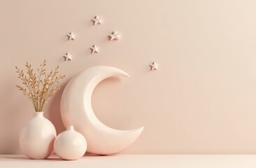 Minimalist Ramadan Decor with Crescent Moon and Stars in Soft Pastel Tones