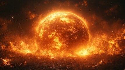 Obraz premium Fiery planet engulfed in flames, burning landscape.
