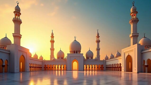 Mosque and golden hours sky for Ramadhan Kareem celebration background