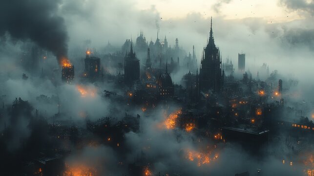 Foggy, fire-lit medieval city at dusk.