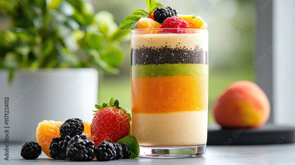 Poster vibrant smoothie layered with colorful fruits, topped with mint and berries, showcasing refreshing a