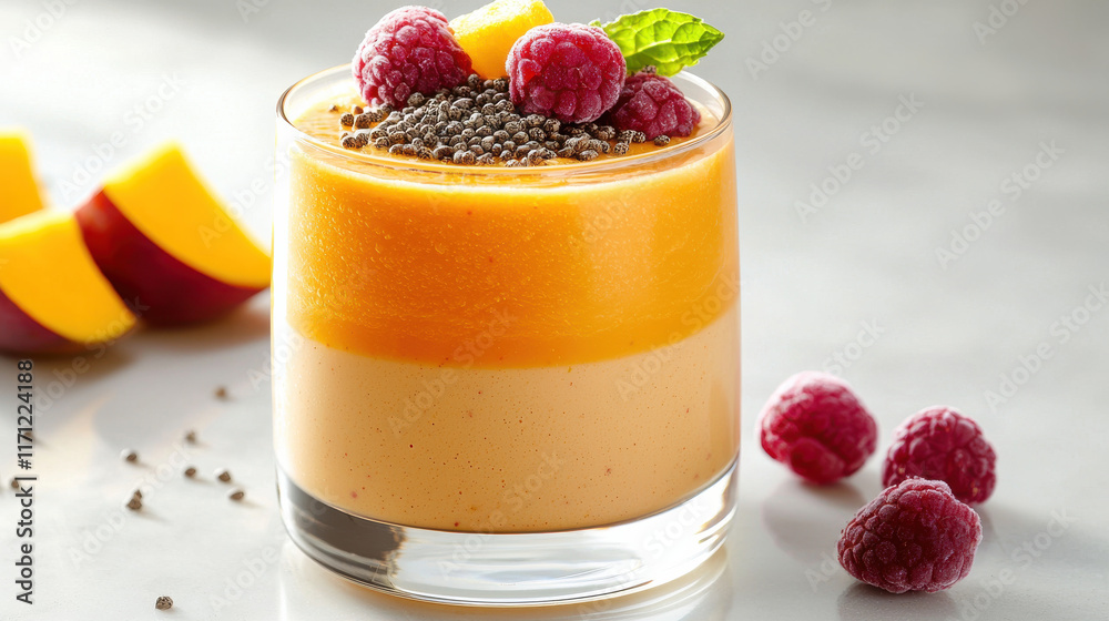 Poster vibrant smoothie layered with mango and raspberry, topped with seeds and mint, creating refreshing a