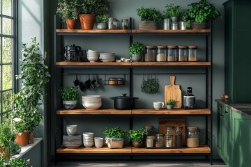 Canary Island multi-level kitchen shelf with grey black frame, wood shelves, metal rack, and green cabinets in modern open-concept kitchen.