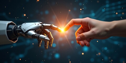 Futuristic Scene of Human and Robot Hands Connecting Through a Glowing Spark