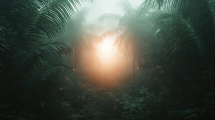 Obraz premium Enigmatic sunlight filtering through a misty tropical forest