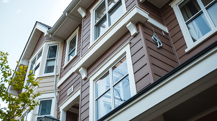 Exterior View of Multi-Story Residential Building with Brown Siding and White Trim