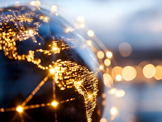 Obraz premium Illuminated globe showcasing global connectivity at night; ideal for technology or communication concepts