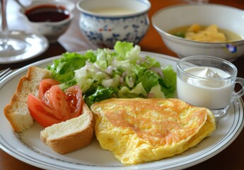 Delicious and Balanced Breakfast Plate Featuring Fresh Salad, Tomato, Soft Omelette, Bread Slices, Creamy Yogurt, and Soup in a Cozy Dining Setting