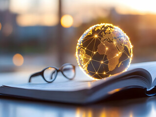 Global network connections, book, glasses, sunset background; education, global communication concept