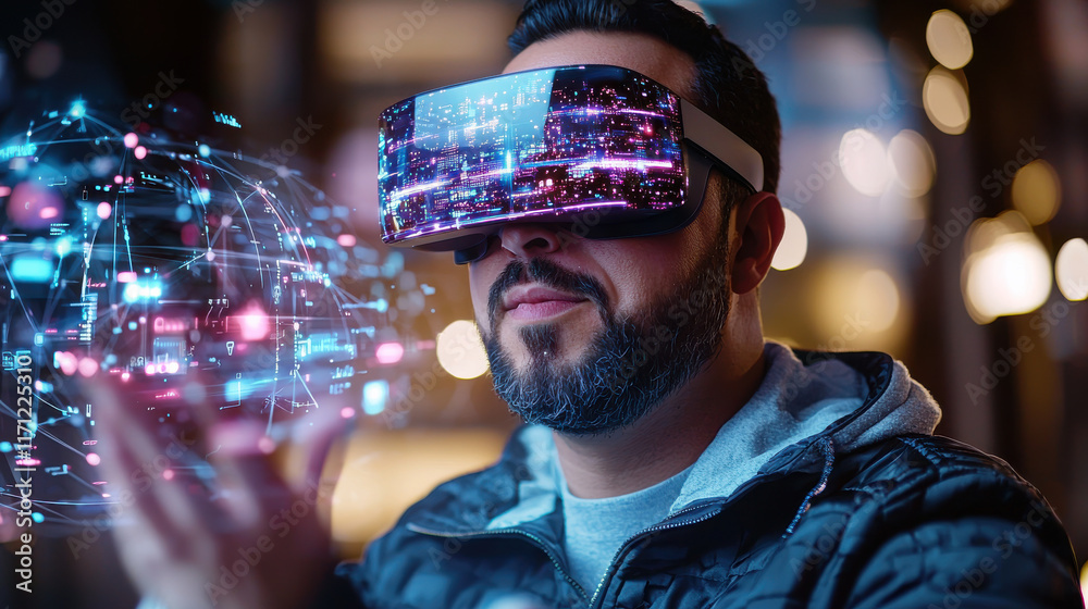 Poster Innovative man using virtual reality headset, exploring digital data visualization. Engaging with advanced technology, showcasing future of cybersecurity and data interaction