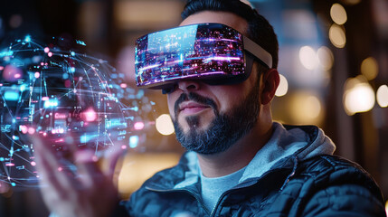 Innovative man using virtual reality headset, exploring digital data visualization. Engaging with advanced technology, showcasing future of cybersecurity and data interaction