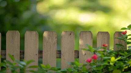 Fototapeta premium Second hand property concept. charming garden fence surrounded by vibrant greenery and flowers