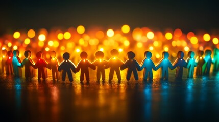 Colorful paper figures holding hands together, symbolizing unity, diversity, and connection against a blurred background of glowing lights in warm tones