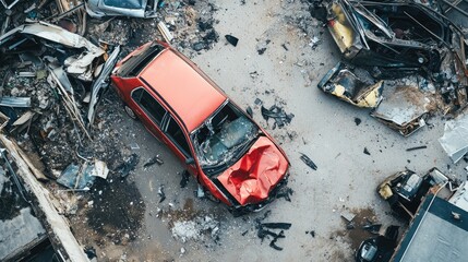High-resolution aerial view of a car accident aftermath, displayed on a clean white background.