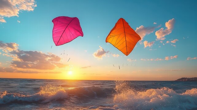 Vibrant kites soar above the ocean at sunset, creating a colorful scene against a backdrop of waves and clouds.