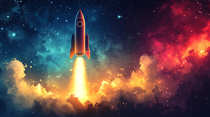 Rocket launching into vibrant nebula, cosmic flight.