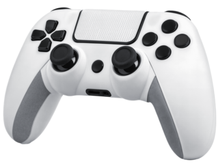 A white game controller with black buttons, joysticks a directional pad, triggers, and action buttons, isolated over transparent background, PNG cut-out
