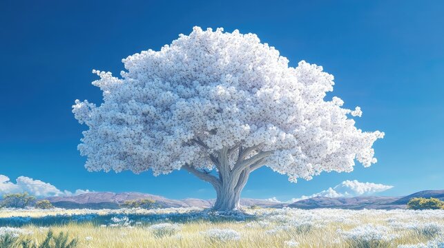 Iconic white ipe tree in spring bloom, its white petals glowing brightly against a clear, cloudless blue sky.