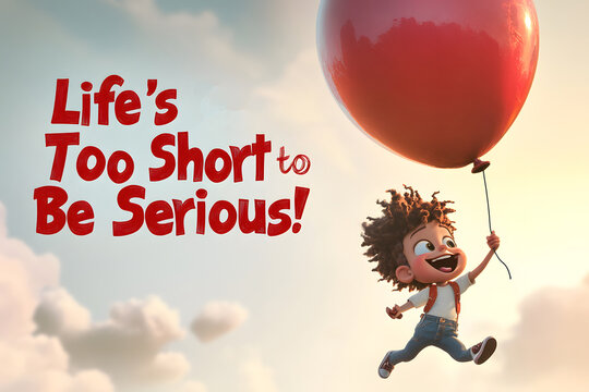 Cartoon boy flying with red balloon: life's too short to be serious
