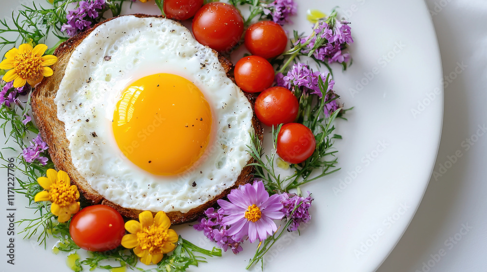 Poster vibrant breakfast plate featuring poached egg on toast, surrounded by fresh cherry tomatoes and colo