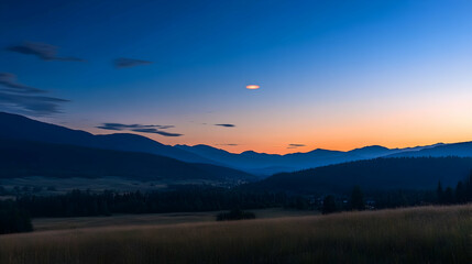 Fototapeta premium Mountain valley sunset landscape, moonrise over fields, tranquil scene, travel brochure.