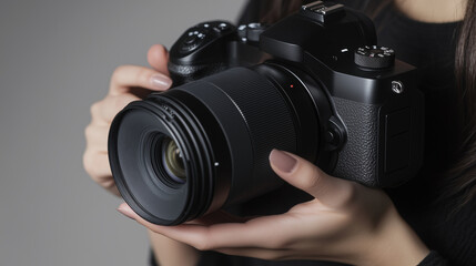 A woman holding a digital camera mockup, capturing a photo. Perfect for showcasing creativity, photography themes, or camera-related designs.
