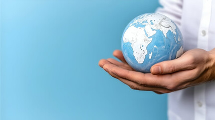 Hands holding small globe, blue background; global responsibility concept; website banner
