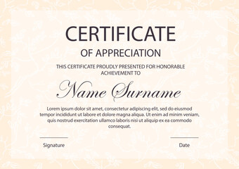 Certificate of appreciation template. Corporate diploma with flourish design