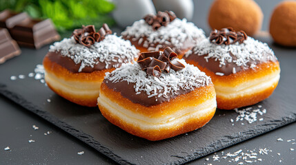 Delicious gourmet donuts topped with cho te, coconut, and cho te curls, arranged on slate board. Perfect for dessert lovers and special occasions