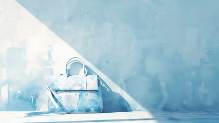 Watercolor painting of a sleek bag on a light blue wall, with a mockup
