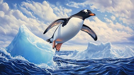 Obraz premium Majestic penguin mid-flight above a floating iceberg surrounded by shimmering blue ocean waves under a bright sky.