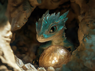 Fototapeta premium ute Dragon Guarding a Golden Egg in a Mystical Cave