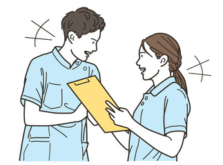 笑顔で会話をする医療従事者の男女