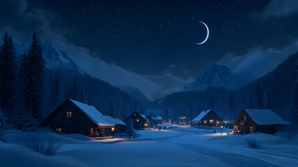 Fototapeta premium Night snow village mountain crescent moon winter wonderland holiday card.