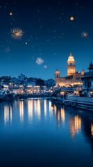 Fototapeta premium Nighttime Diwali Fireworks over Ghats, India.