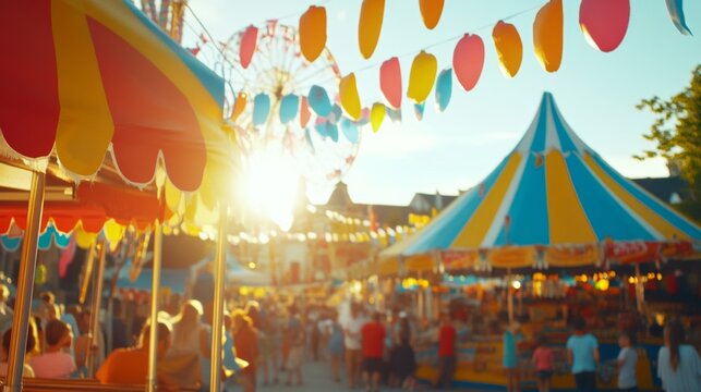 Vibrant Carnival Scene at Sunset with Colorful Banners and Ferris Wheel, Evoking Joy and Excitement in a Festive Atmosphere