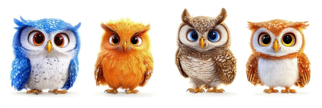 Different collection of owl isolated on white background