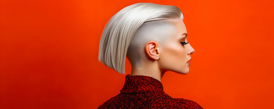 A full-length view of a sleek platinum blonde undercut wig presented against an orange background.