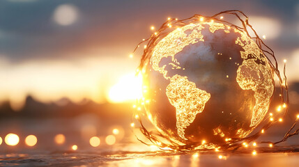 Illuminated globe sunset; global connection; environmental awareness; hope; future